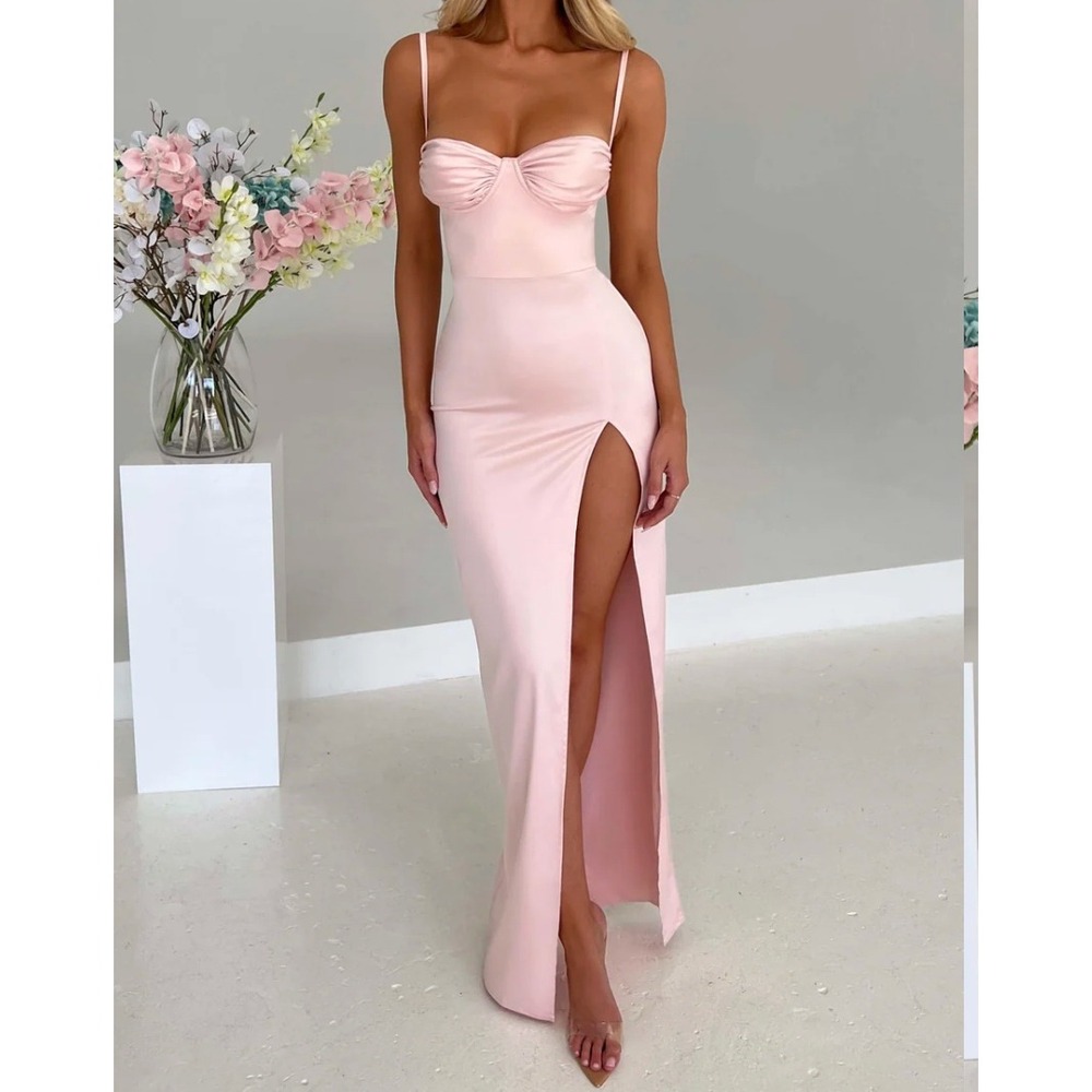 NWT BABYBOO Alora Maxi Dress Medium Blush Pink Satin Formal Side Slit Gala Prom
